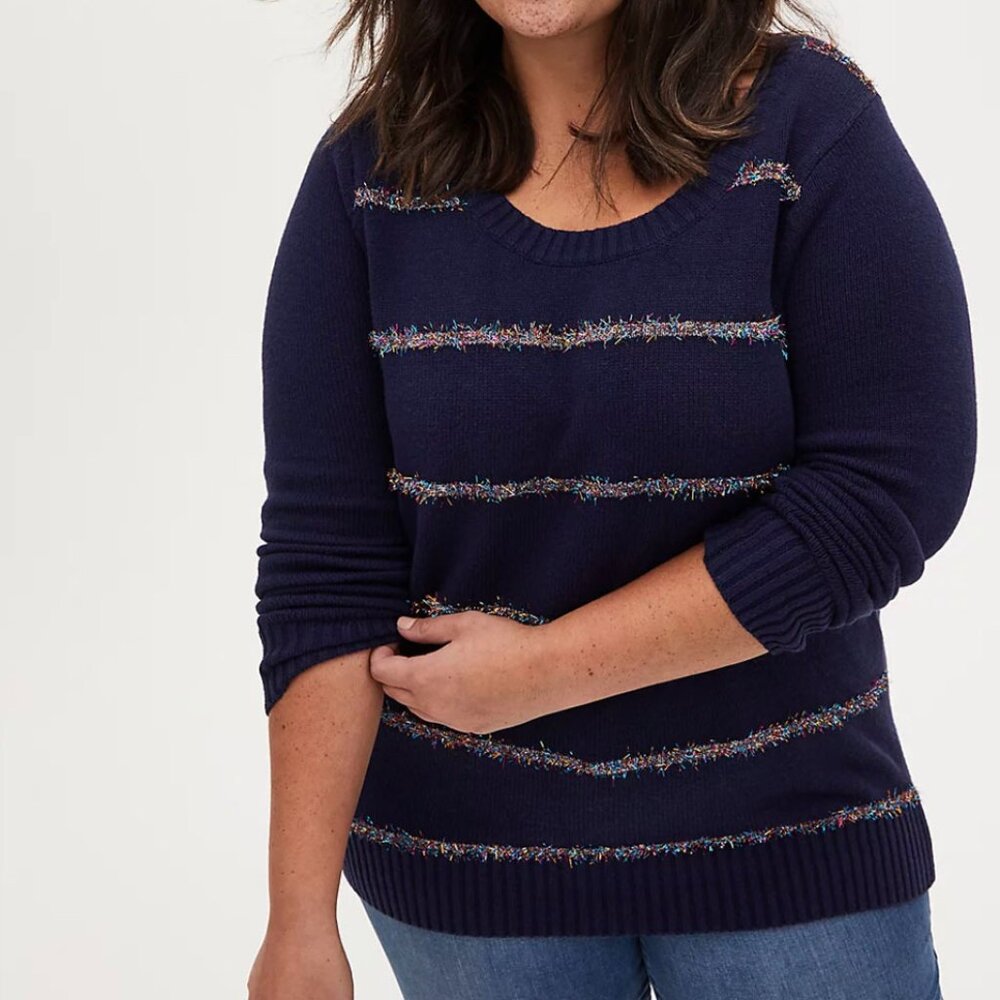 Torrid Navy Tinsel Stripe Holiday Sweater 1X